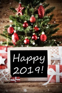 Mutlu 2019 ile Noel ağacı, kırmızı hediyeler, kar taneleri
