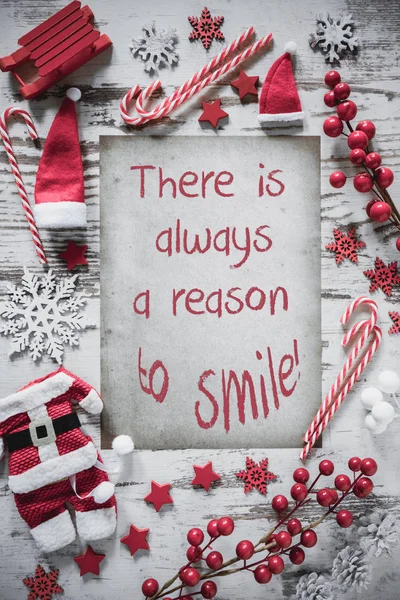 Christmas Flat Lay, Vertical Paper, Quote Always Reason To Smile — Stock Photo, Image