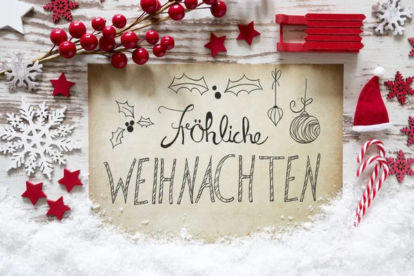 Piso Lay, Nieve, Caligrafía Froehliche Weihnachten Media Feliz Navidad — Foto de Stock