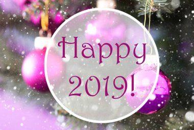 Gül kuvars Noel topları, metin mutlu 2019, kar taneleri