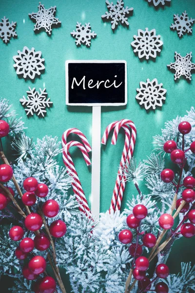 Vertikales schwarzes Weihnachtsschild, Lichter, merci bedeutet Danke — Stockfoto