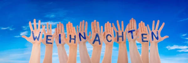 Many Hands Building Word Weihnachten Means Christmas, Blue Sky — Stock Photo, Image