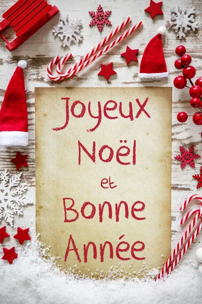 Bright Christmas Flat Lay, Snow, Bonne Annee Means Happy New Year — Stock Photo, Image