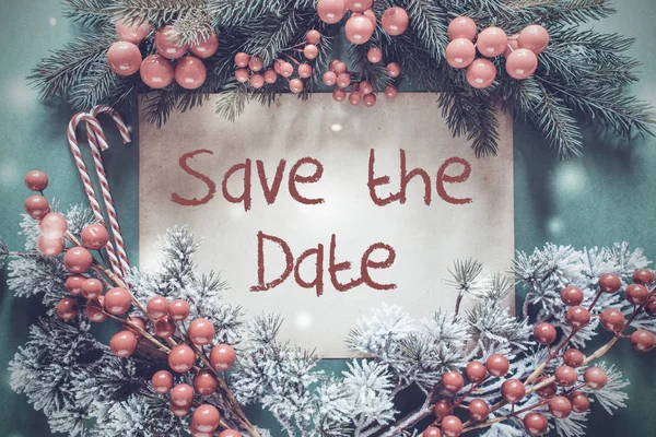 Christmas Garland, Fir Tree Branch, Snowflakes, Text Save The Date — Stock Photo, Image