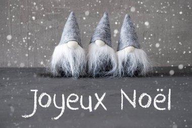 Cüceler, çimento, kar taneleri, Joyeux Noel mutlu Noeller demek.