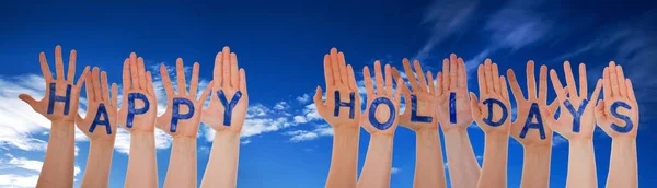 Muchas manos construyendo la Palabra Felices Fiestas, Cielo Nublado Azul —  Fotos de Stock