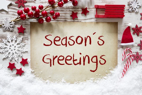 Lyse julepynt, Sne, Engelsk tekst Seasons Greetings - Stock-foto