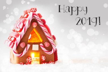 Gingerbread House, Gümüş arka plan, metin mutlu 2019, kar