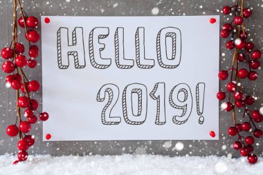 Etiket, kar taneleri, Noel dekorasyonu, metin Merhaba 2019, kar