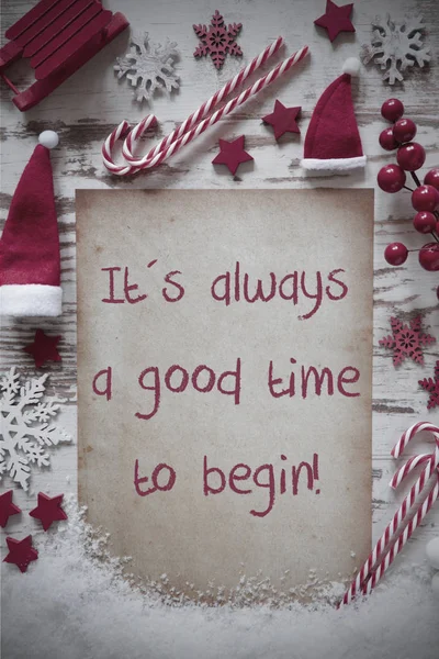 Retro Christmas Flat Lay, Snow, Quote Always Good Time To Begin — Stock Photo, Image