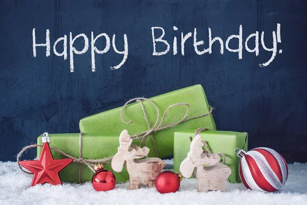 Gröna julklappar, snö, dekoration, Text Happy Holidays — Stockfoto