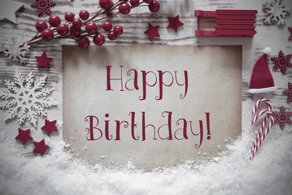 Red Christmas decoratie, sneeuw, Engels Happy Birthday — Stockfoto