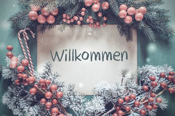 Grinalda de Natal, filial de árvore de abeto, Willkommen significa Bem-vindo — Fotografia de Stock