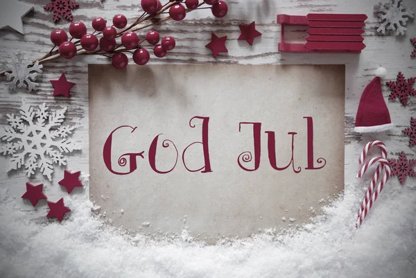 Rød julepynt, snø, gudejul betyr god jul – stockfoto