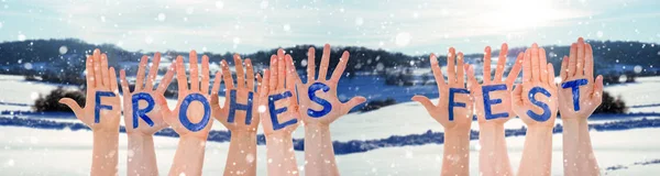 Hands Building Frohes Fest Means Merry Christmas, Winter Scenery As Background — Stock Photo, Image