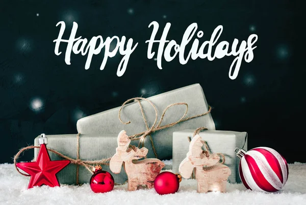 Röd dekor, kalligrafi Happy Holidays, snöflingor, snö — Stockfoto