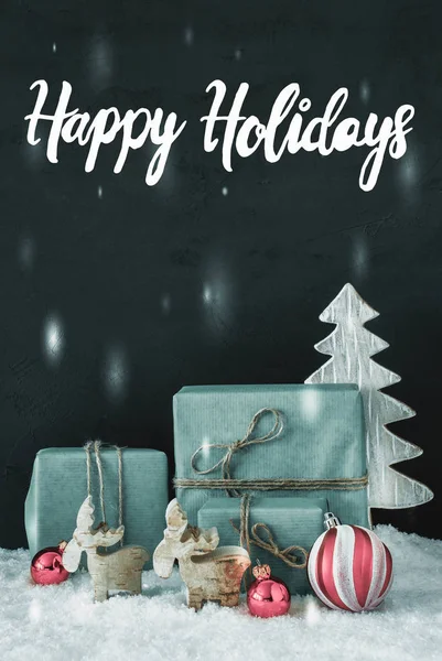 Vertikala dekoration, kalligrafi Happy Holidays, frostig Look — Stockfoto