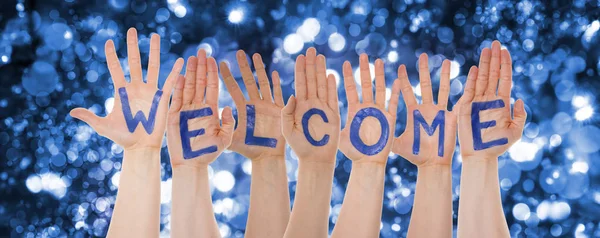 Manos Construyendo Palabra Bienvenida, Brillante y Brillante Fondo Bokeh — Foto de Stock