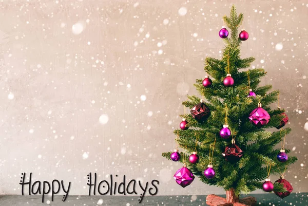 Дерево з фіолетовими кульками, каліграфія Щасливі свята, сніжинки — стокове фото