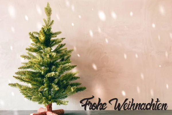 Árbol verde, Caligrafía Frohe Weihnachten significa Feliz Navidad, Copos de nieve —  Fotos de Stock