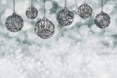 Noel ağacı top süsleme taslağını. Farklı diller Binası top siluet, mutlu Noeller. Gri parlak arka plan kopya alanı ile