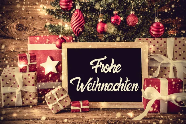 Árbol, Regalos retro, Caligrafía Frohe Weihnachten significa Feliz Navidad —  Fotos de Stock