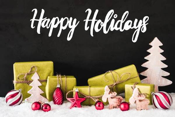 Groene Kerst decoratie, kalligrafie Happy Holidays, sneeuw — Stockfoto