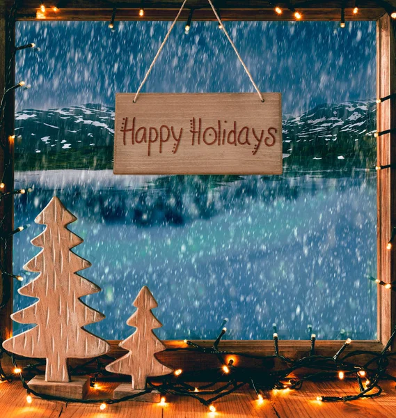 Christmas Window, Calligraphy Happy Holidays, Fairy Lights — Stock Photo, Image