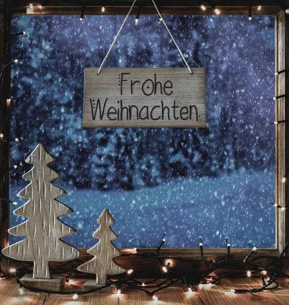 Fenster, Kalligraphie frohe weihnachten bedeutet frohe Weihnachten, Schneeflocken — Stockfoto