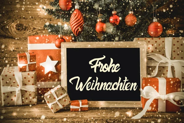 Tree, Gifts, Calligraphy Frohe Weihnachten Means Merry Christmas — Stock Photo, Image