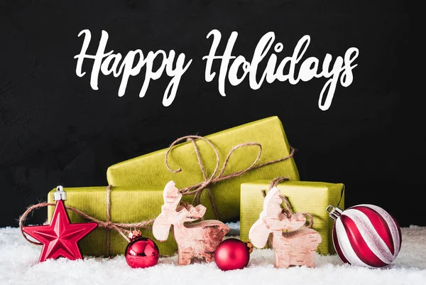 Juldekoration, kalligrafi Happy Holidays, snö, svart bakgrund — Stockfoto
