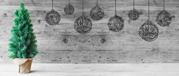 Tree, Ball, Copy Space, Gray Wooden Background — Stock Photo, Image