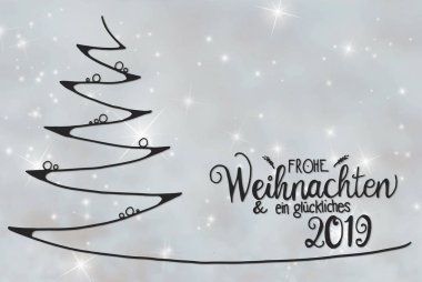 Noel ağacı top süsleme ile Noel ağacı satırı kroki. Alman hat Frohe Weihnachten Und Ein Glueckliches 2019 anlamına gelir neşeli Noel ve A mutlu 2019. Gri arka planı.
