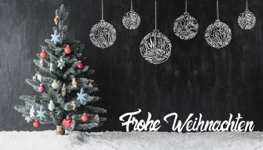 Renkli bir şekilde dekore edilmiş ağaç, top, Frohe Weihnachten mutlu Noeller, kar demektir.