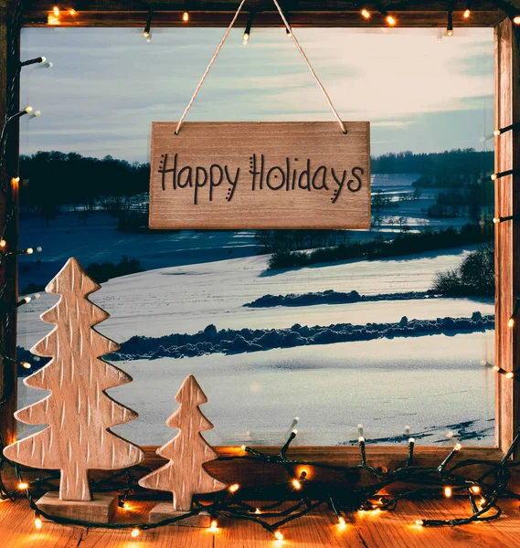クリスマス ウィンドウ、書道幸せな休日、フェアリー ライト、雪 — ストック写真