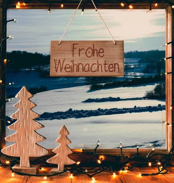 Окно, каллиграфия Frohe Weihnachten Means Merry Christmas, Snow — стоковое фото
