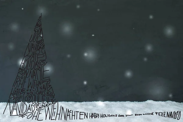 Skizze von Weihnachtsbaum, Kalligraphie frohe Weihnachten, Schnee, Schneeflocken — Stockfoto