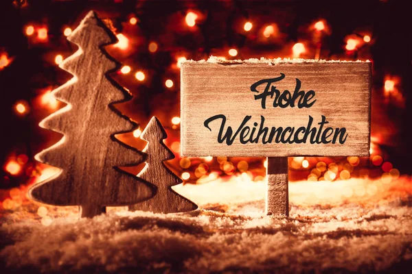 Señal, Árbol de Navidad, Nieve, Caligrafía Frohe Weihnachten significa Feliz Navidad — Foto de Stock