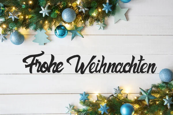 Turquoise Balls, Frohe Weihnachten Means Merry Christmas, Fairy Lights — Stockfoto