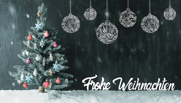 Árvore colorida, Bola, Frohe Weihnachten significa Feliz Natal, Flocos de neve — Fotografia de Stock