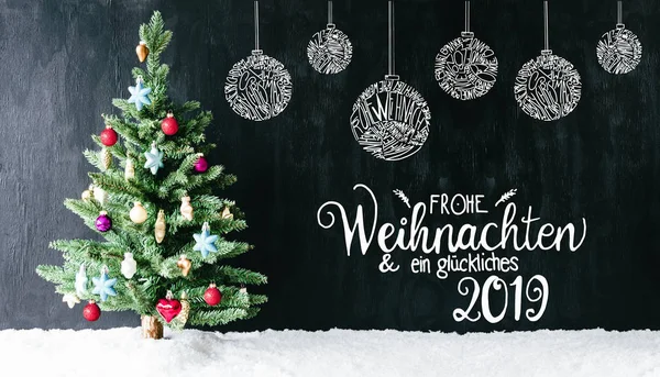 Πολύχρωμα διακοσμημένα δέντρου, μπάλα, Glueckliches 2019 σημαίνει ευτυχισμένη 2019, χιόνι — Φωτογραφία Αρχείου