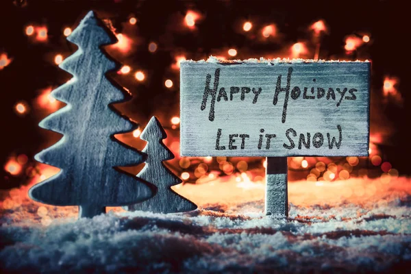 木制的标志, 树, 雪, 书法快乐的假期, 让它下雪 — 图库照片