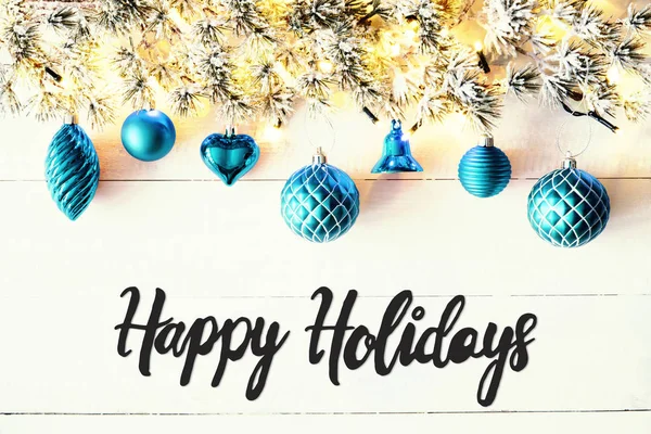 Turquoise Balls, Calligraphy Happy Holidays, Fairy Lights — Stock Photo, Image