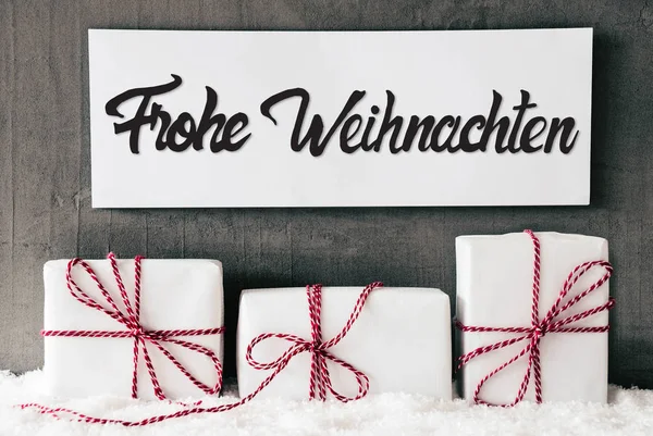 Bílé dary, znamení, kaligrafie Frohe vánoční znamená Veselé Vánoce, sníh — Stock fotografie