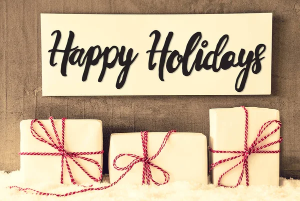 Weiße Geschenke, Zeichen, Kalligraphie frohe Feiertage, Schnee — Stockfoto