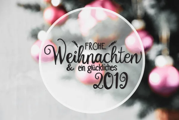 Θολή μοβ μπάλες, καλλιγραφία Glueckliches 2019 σημαίνει ευτυχισμένη 2019 — Φωτογραφία Αρχείου