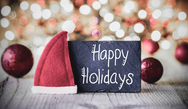 Tallrik, kalligrafi Happy Holidays, Santa hatt, lila bollar — Stockfoto