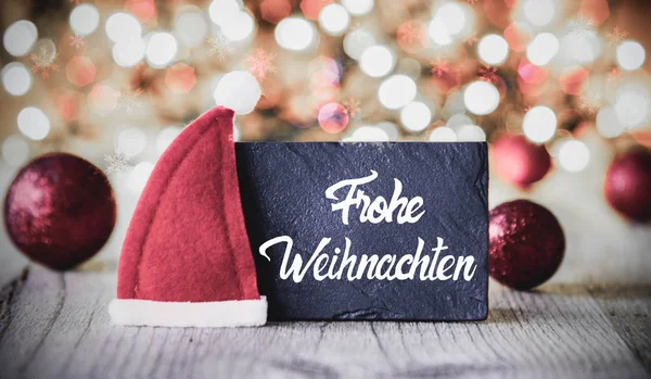 Teller, Kalligraphie frohe weihnachten bedeutet frohe Weihnacht, Weihnachtsmann Hut — Stockfoto