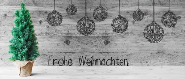 Drzewa, piłka, Frohe Weihnachten oznacza Wesołych Świąt, szary drewna — Zdjęcie stockowe