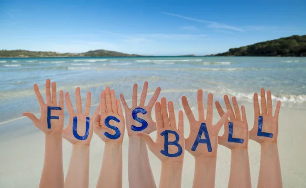 Many Hands Building Fussball Means Football, Beach And Ocean — Stock Photo, Image